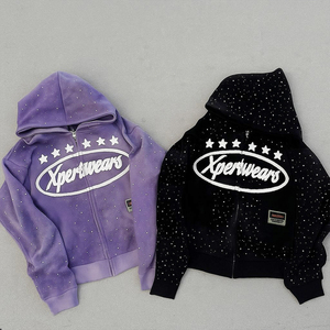 DCY Dtg percetakan khusus Hoodie dengan Rhinestones Hoodie Logo, kotak kelas berat batu mencuci Zip up Hoodie,450 Gsm Hoodie - Product Image 1