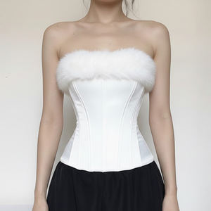 Y2K Pure Aesthetic Faux Fur Trim Off Shoulder Bandeau Corset <b>Top</b> <b>Sexy</b> <b>Cropped</b> Bustier for Streetwear & Party - Product Image 1