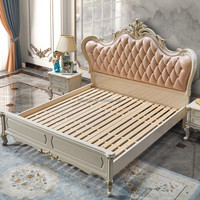 Lit de luxe antique européen capitonné en cuir de première qualité avec cadre en bois blanc ivoire, ensemble de meubles de chambre royale