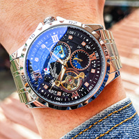 AOKULASIC 5016 Skelett-Herrenuhr Automatik Leuchtende Mechanische Uhr Edelstahlarmband Wasserdichte Armbanduhr Tourbillon