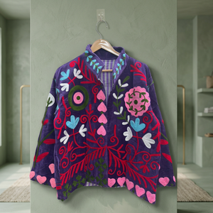 Purple Velvet Knitted Embroidered Suzani Jacket Floral Handmade Winter Autumn Boho Cotton <b>Coat</b> <b>for</b> <b>Women</b> - Product Image 2