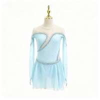 Robe de patinage artistique bleu ciel pour enfants et adultes, robe en tulle à manches longues avec strass pour compétition et spectacle de patinage sur glace
