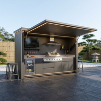 Îlot de cuisine extérieur modulaire en acier inoxydable 304, étanche, avec porte motorisée relevable, pour cour, avec réfrigérateur intégré