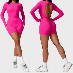 Bodycon de manga comprida para mulheres, macacão de ginástica de ginástica de secagem rápida sem costas slim tight