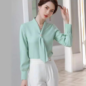 <span class=keywords><strong>Camicia</strong></span> in Chiffon da Donna, Nuovo Design Vintage con Perline, Top Elegante con Drappeggio, Maniche Lunghe, Primavera e Autunno, Bianco con Fiocchi - Product Image 2