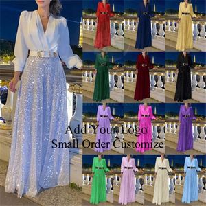 Ensemble <span class=keywords><strong>pantalon</strong></span> et chemise pour femme, chemise à col en V, couleur unie, manches longues, <span class=keywords><strong>pantalon</strong></span> à jambes larges à paillettes, ensemble <span class=keywords><strong>pantalon</strong></span> pour femme - Product Image 5