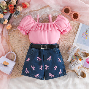 ชุดเสื้อผ้าเด็กผู้หญิงสไตล์ลำลองสุดหรู ระบายอากาศได้ดี ชุดสองชิ้น ปักลายสัตว์ แขนระบาย สำหรับเด็กอายุ 2-7 ปี แฟชั่นฤดูร้อนแบบสายเดี่ยว - Product Image 6