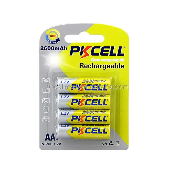 Pkcell có thể sạc lại 4 cái AA 2600mAh 1.2V cuộc sống lâu dài Ni-MH pin có thể sạc lại pin