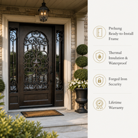 Porte d'entrée en fer forgé cintrée avec design personnalisé, revêtement poudré anti-corrosion, verre dépoli, porte de sécurité pour maison de luxe