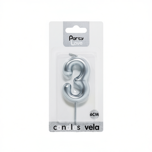Candela Numero 3 in Argento 'Party Love' 6Cm per Decorazione Torta di Compleanno - Product Image 1