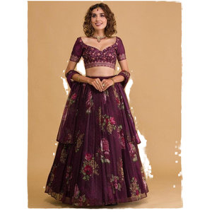 Mono de fiesta increíble Lehenga Choli estampado floral púrpura Organza Sangeet Wear - Product Image 1
