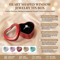 Caja de Joyería Ecológica Reciclable con Ventana en Forma de Corazón, MOQ Bajo, Logotipo Personalizable, Estuche Metálico Premium para Anillos de Boda