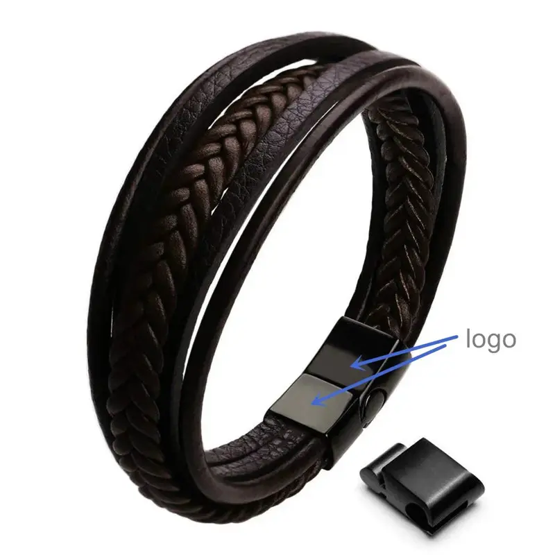 Groothandel Custom Lederen Handsieraden Rvs Magnetische Heren Gevlochten Touw Wrap Meerlagige Lederen Armband Voor Mannen