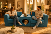 Canapé double pour animaux de compagnie avec lit intégré, design carré, rembourrage en éponge écologique, idéal pour appartement et villa