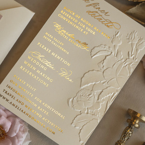 Invitación Floral Rosa Suave con Grabado en Relieve, Borde Crudo con Cinta Dorada en Cursiva, Juego de Papel Personalizado para Boda al Aire Libre - Product Image 4