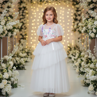 Robes de demoiselles d'honneur pour enfants, style occidental, col rond, manches courtes, appliques florales, tulle blanc, qualité de marque
