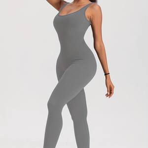 بدلة رياضية نسائية جديدة بدون أكمام كاملة الطول بلون موحد للارتداء اليومي والتمارين المنزلية سريعة الجفاف مصنوعة من السباندكس/النايلون - Product Image 1