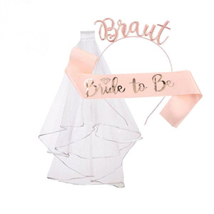 Lot de 3 accessoires modernes en métal pour enterrement de vie de jeune fille - Voile de mariée, ceinture, couronne blanche et bandeau rose doré pour fête prénuptiale - Product Image 3