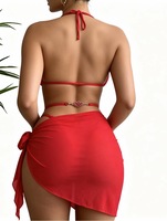Ensemble de bikini 3 pièces froncé de haute qualité avec jupe de plage, haut triangle à bretelles orné de bijoux et bas string pour femme