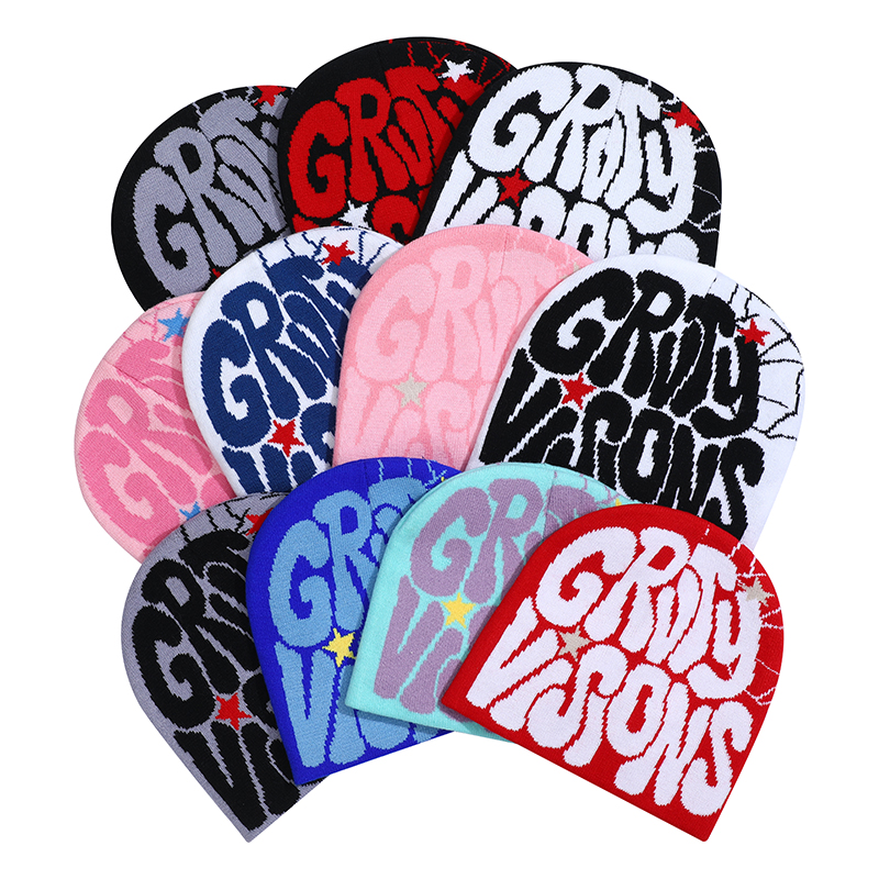 Custom Graphic Design Printed Jacquard Woven Knitted Streetwear Skull Caps Skully Hat Y2K Reversible Beanie