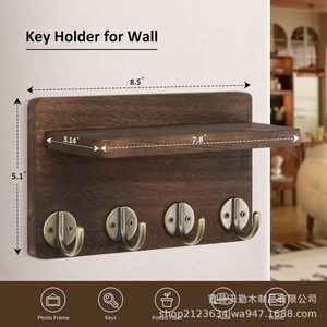 Wooden Wall Mount Key <b>Rack</b> With <b>Shelf</b> For Home Office Storage Organizer Rectangle Shape Multipurpose Hook Holder - Product Image 5