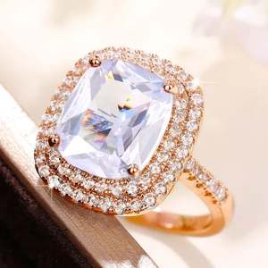 Q190 Women's Pink Diamond Cocktail <b>Ring</b> <b>Cushion</b> Cut Pave Setting Natural Stone <b>Wedding</b> Fashion <b>Rings</b> - Product Image 2