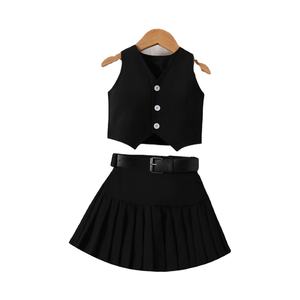 Ensemble de vêtements décontractés d'été pour filles, 3 pièces, tenue de fête d'anniversaire avec haut sans manches noir et jupe courte à imprimé tendance pour enfants - Product Image 3