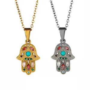 Hot Necklace 2024 Turkish Hamsa Hand Necklace Evil Blue Eye Amulet Pendant Necklace 18k Gold Plated Jewelry Wholesale