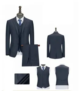 Men's navy blue Faux Wool Business Suit Single Breasted with Flat Front Zipper Fly Pants Formal Work Wear OEM Service Available
