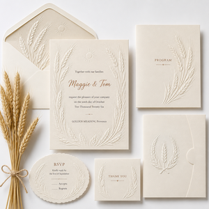 Invitation <span class=keywords><strong>de</strong></span> mariage gaufrée à sec personnalisée, motif Champ <span class=keywords><strong>de</strong></span> <span class=keywords><strong>blé</strong></span> et lavande <span class=keywords><strong>de</strong></span> Provence, Récolte dorée - Product Image 1