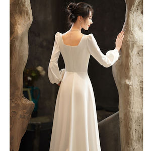 <b>White</b> V-Neck Satin Evening Gown Long Sleeve A-Line <b>Wrap</b> Dress For Banquet And Events - Product Image 2