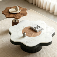 Table basse moderne en forme de fleur, plateau en pierre microcristalline, placage en noyer, base en métal, table de salon de luxe design