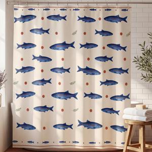 Rideau de douche vintage imprimé poisson bleu <span class=keywords><strong>aquarelle</strong></span> 100% polyester, imperméable, résistant à la moisissure, rideau de salle de bain nautique personnalisé - Product Image 1