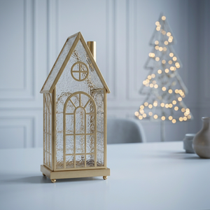 Latest Trending Style <b>Gold</b> Metal House Shape Candle Holder <b>Lantern</b> with Rainfall Glass for Home Decoration - Product Image 3