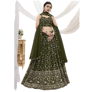 Merveilleux ensembles pour femmes paillettes vertes Georgette Lehenga Choli pour Mehendi Wear - Product Image 1