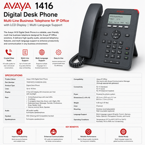 Téléphone de bureau numérique Avaya 1416, téléphone professionnel multi-lignes pour IP Office avec écran LCD, prise en charge multilingue - Product Image 2