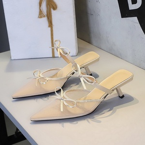 Tacco gattino décolleté donna tacco <span class=keywords><strong>con</strong></span> fiocco in pizzo disegno a punta a punta e cinturino per eleganti look estivi in stile coreano - Product Image 2