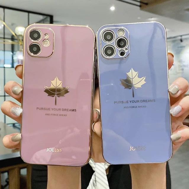 Luxury 6D Straight Edge Maple Leaf Electroplating Phone Case for iPhone 6 7 8 Plus 17 Air 16E 15 14 13 12 11 Pro Max