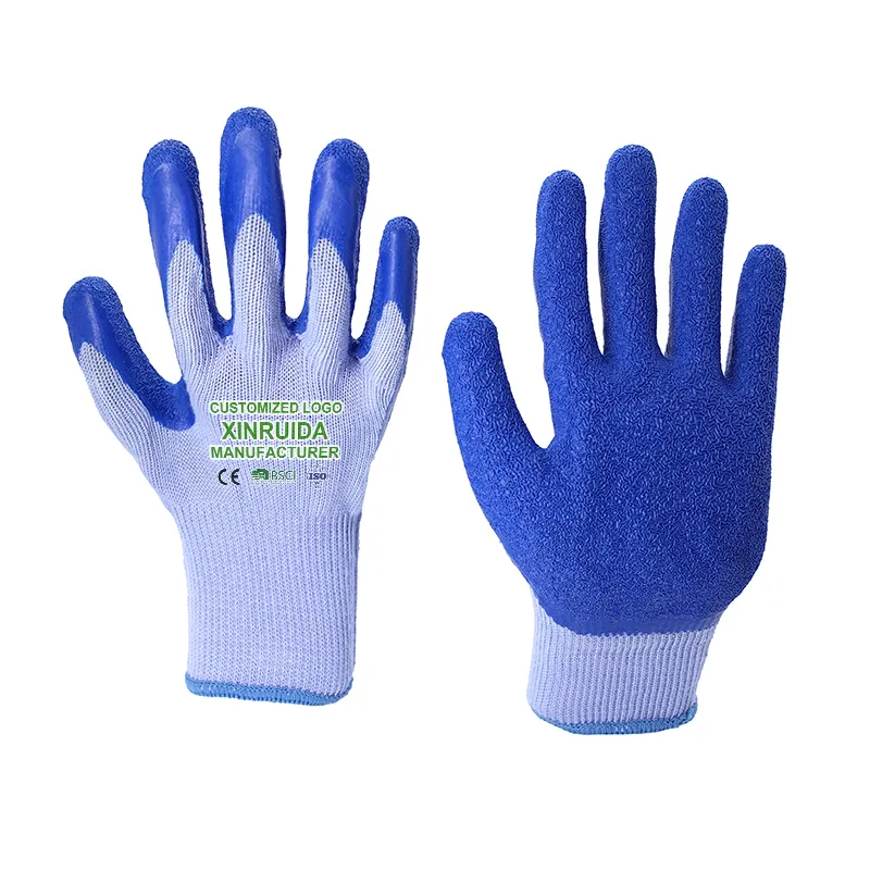 10G 5 fils gris Poly-coton T/C Shell bleu Latex finition froissée gants enduits de Latex pour le travail Latex