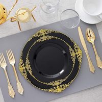 Ensemble de vaisselle jetable de luxe vintage en plastique noir avec bordure dorée en relief, sans BPA, pour fêtes et mariages, 175/350/700 pièces