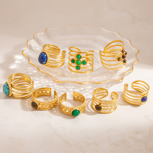 Fashion <b>Rings</b> Women's Geometric Natural Stone Stainless Steel 18k Gold Plated Party Jewelry Bezel Setting <b>Titanium</b> Steel - Product Image 1