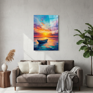 Sunset Boat Canvas <b>Print</b>: Vibrant <b>Seascape</b> Artwork, Peaceful Ocean Scene,TEMPERED GLASS ART - Product Image 3