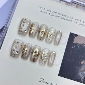 Ongles Courts Carrés Faits Main à Coller, Motif Lune et Étoiles Dorées Célestes, Paillettes Argentées, Ongles <span class=keywords><strong>de</strong></span> Luxe Réutilisables en Gros - Product Image 3