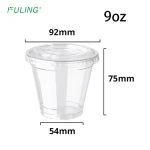 Precio de fábrica FULING, vaso de plástico PET transparente de 9oz con tapa plana, vaso de plástico frío desechable para sentadillas