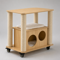 Table d'appoint pour chat G12 à 2 niveaux avec maisonnette pour chat en MDF et corde de sisal, 4 roulettes, bois naturel, 59 cm, 9 kg, YAOYUE