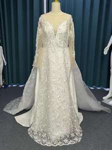 Precio de Fábrica 2025 Nueva Línea Vestido de Novia de Manga Larga Cola de Pez Vestido de Noche con Cola Desmontable Estampado Floral Sin Espalda - Product Image 6