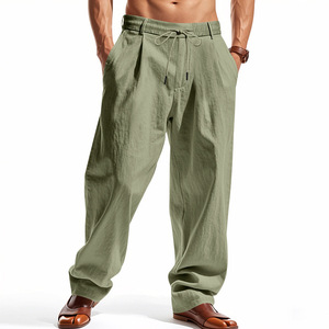 Pantalones anchos casuales de lino para hombre, transpirables, ligeros, con cintura elástica, para verano y playa - Product Image 3
