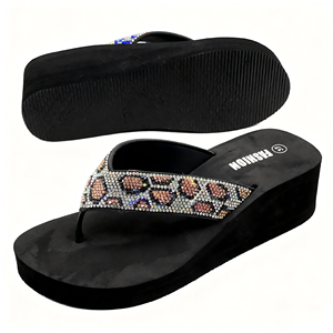 Womens nêm Đen <span class=keywords><strong>Flip</strong></span> <span class=keywords><strong>Flops</strong></span> lấp lánh Rhinestone dây đeo báo in tinh thể màu xanh thiết kế mùa hè dày duy nhất thân thiện với môi cho - Product Image 2