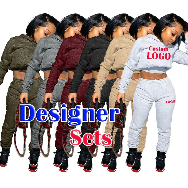 Logo personalizzato abbigliamento donna pantaloni a due pezzi set felpa con cappuccio manica lunga con jogger donna taglie forti set da donna