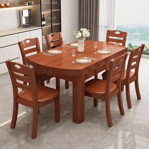Solid Wood <b>Dining</b> <b>Table</b> And Chair <b>Set</b> 6 Piece Extendable <b>Round</b> <b>For</b> Small Apartments And 6 10 People - Product Image 2